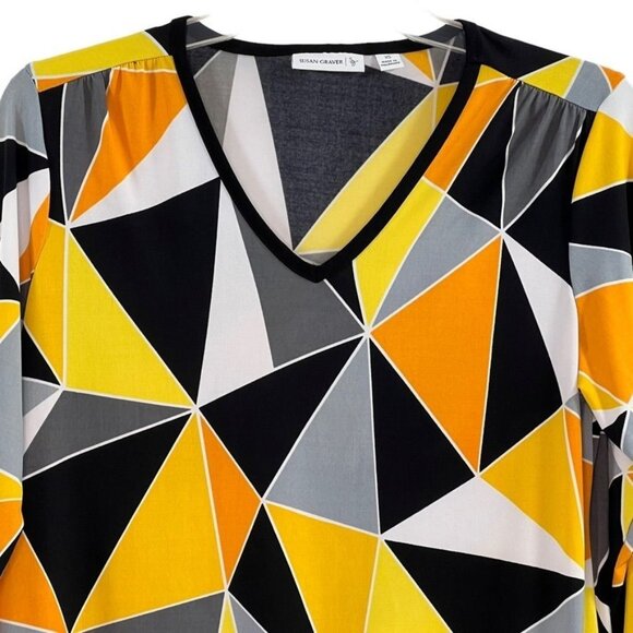 Susan Graver Pullover Top Orange Black Print Size XS 3/4 Sleeve V Neck Band Wais - Picture 2 of 11